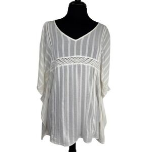Aerie White Striped Crochet Trim V Neck Kaftan Cover Up‎ Tunic Top M